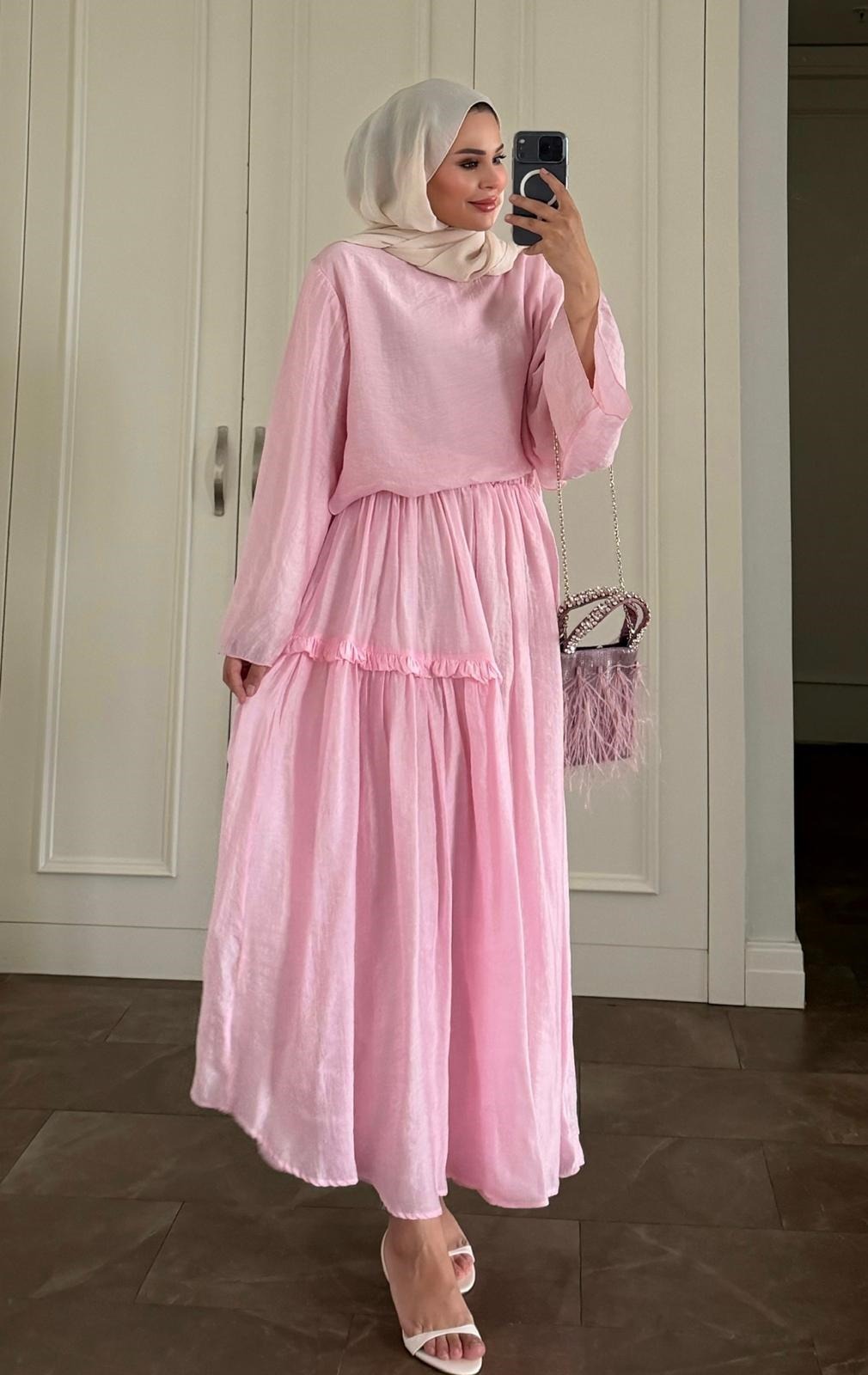 Pink Layered Maxi Skirt Set with Elastic Waist