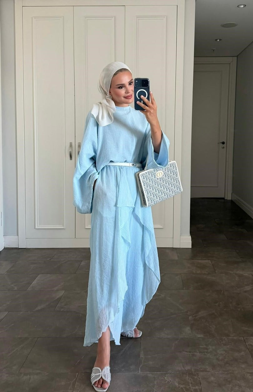 Suzy Blue Tesettür Pantolon Takım - Astarlı Yarasa Kol İki Parça Kıyafet