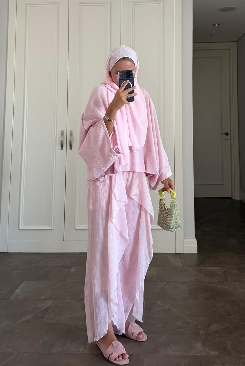 Suzy Pink Tesettür Pantolon Takımı - Astarlı Yarasa Kol İkili Takım