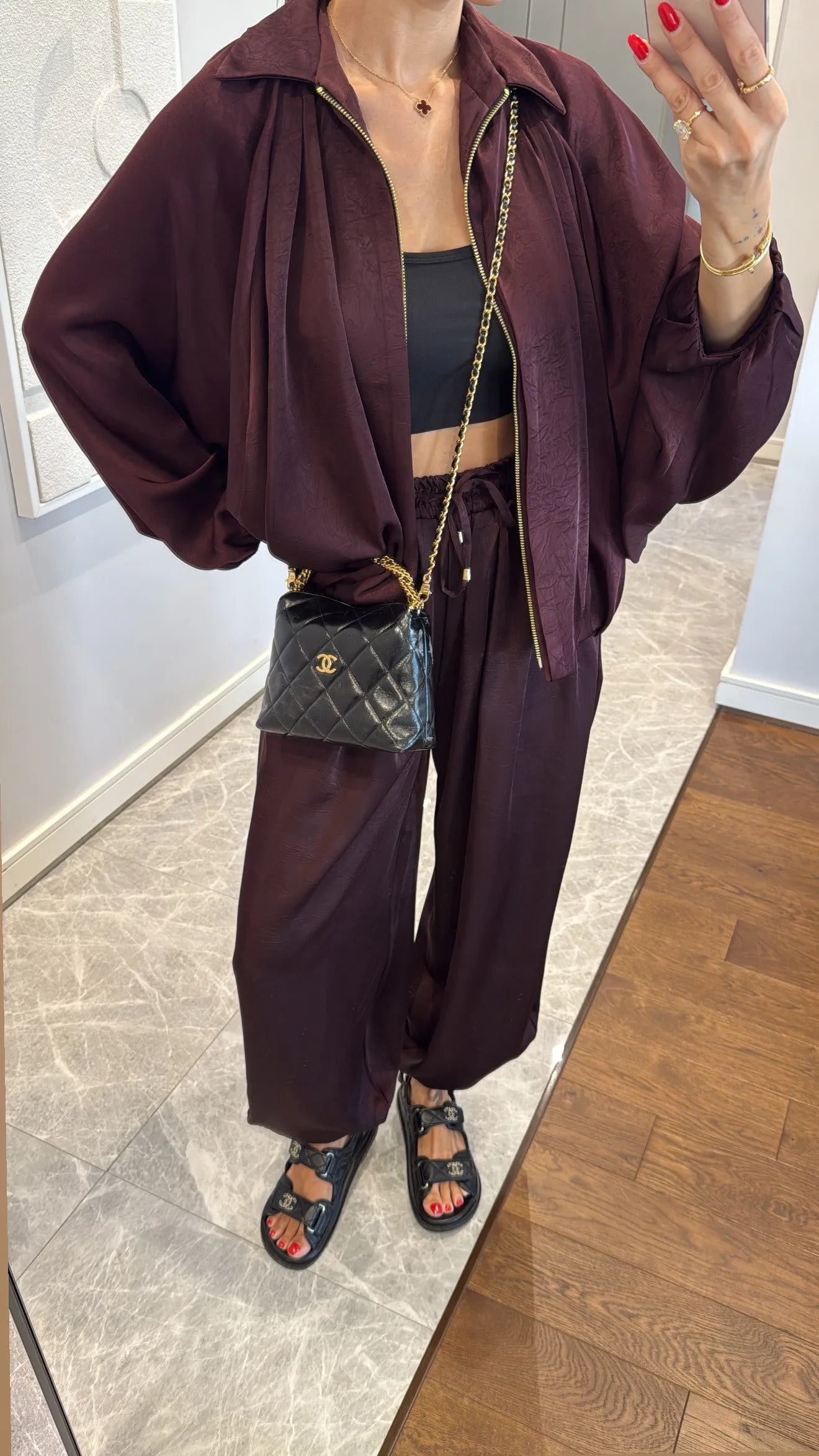 Burgundy Satin Bomber Jacket and Harem Pants Set