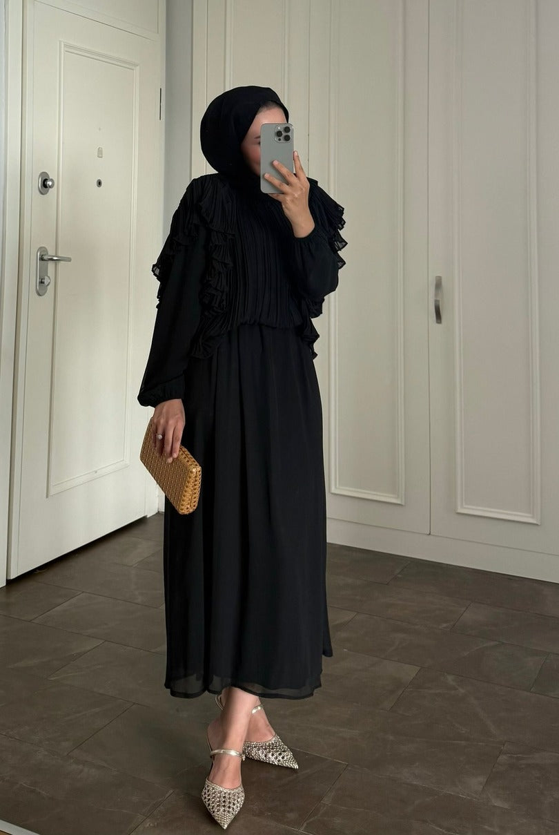 Black Pleated Ruffle-Detail Chiffon Blouse & Midi Skirt Co-ord Set -PRE ORDER