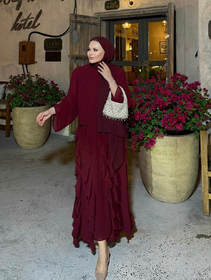 Burgundy Ruffle-Detail Chiffon Blouse and Skirt Set- PRE ORDER