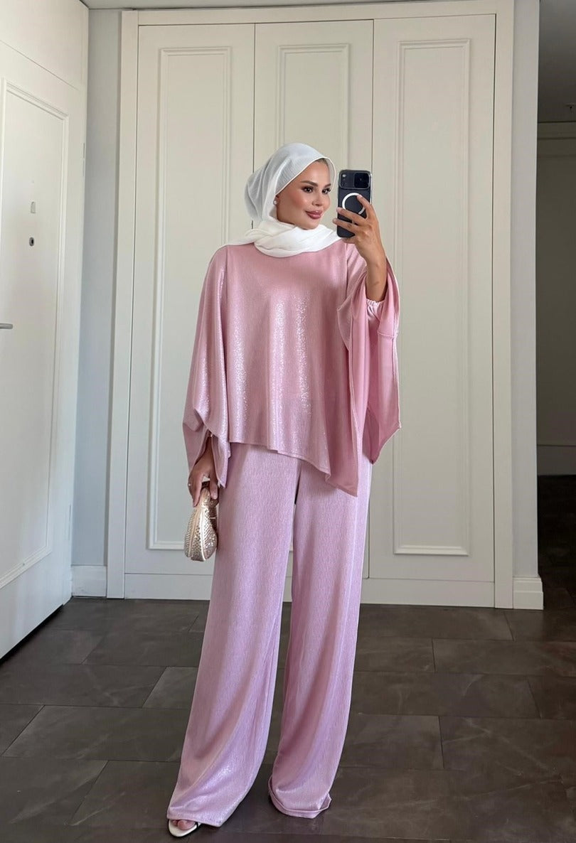 Elmas Kahverengi Işıltılı Asimetrik Pantolon Takımı | Pembe