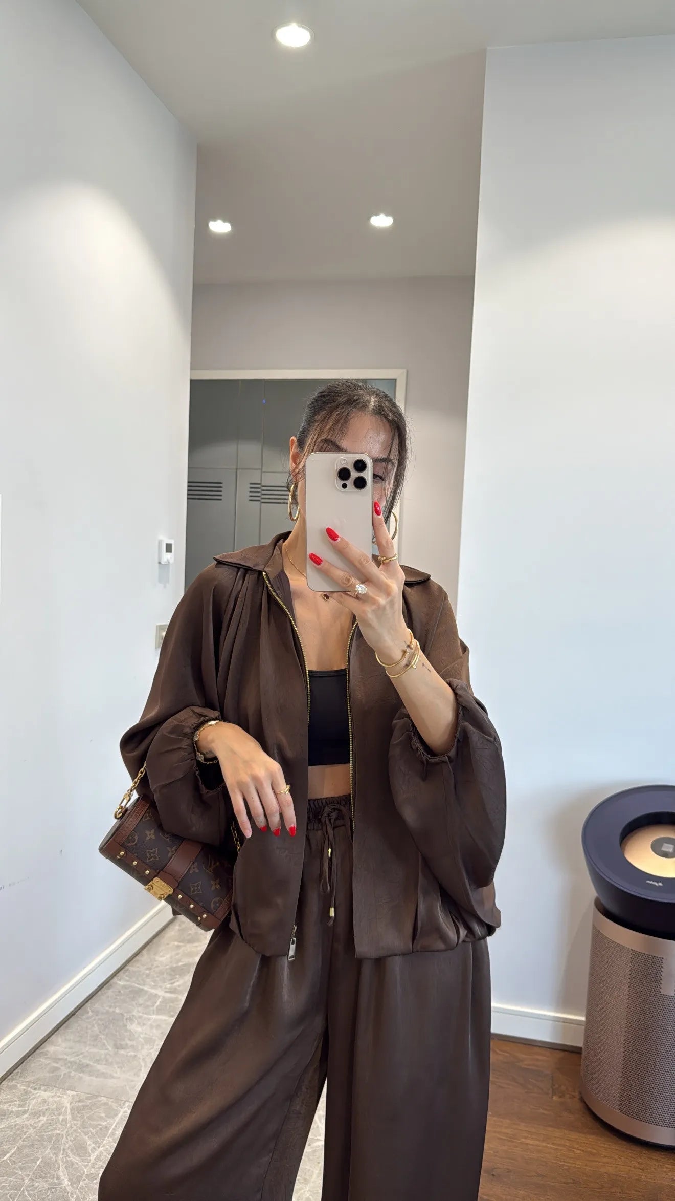 Brown Satin Bomber Jacket and Harem Pants Set