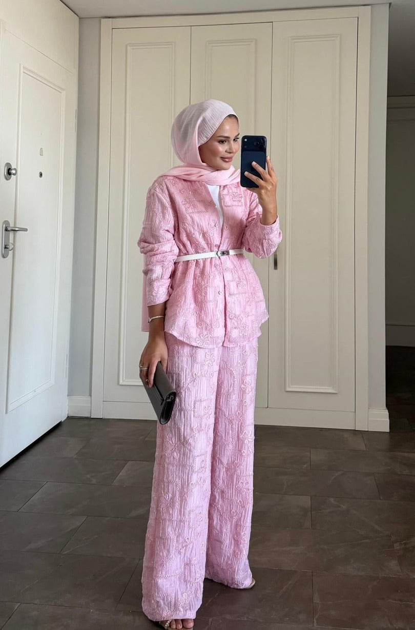 Lilly Modest Trousers Matching Set | Premium Tunic Co-Ord Suit - Pink