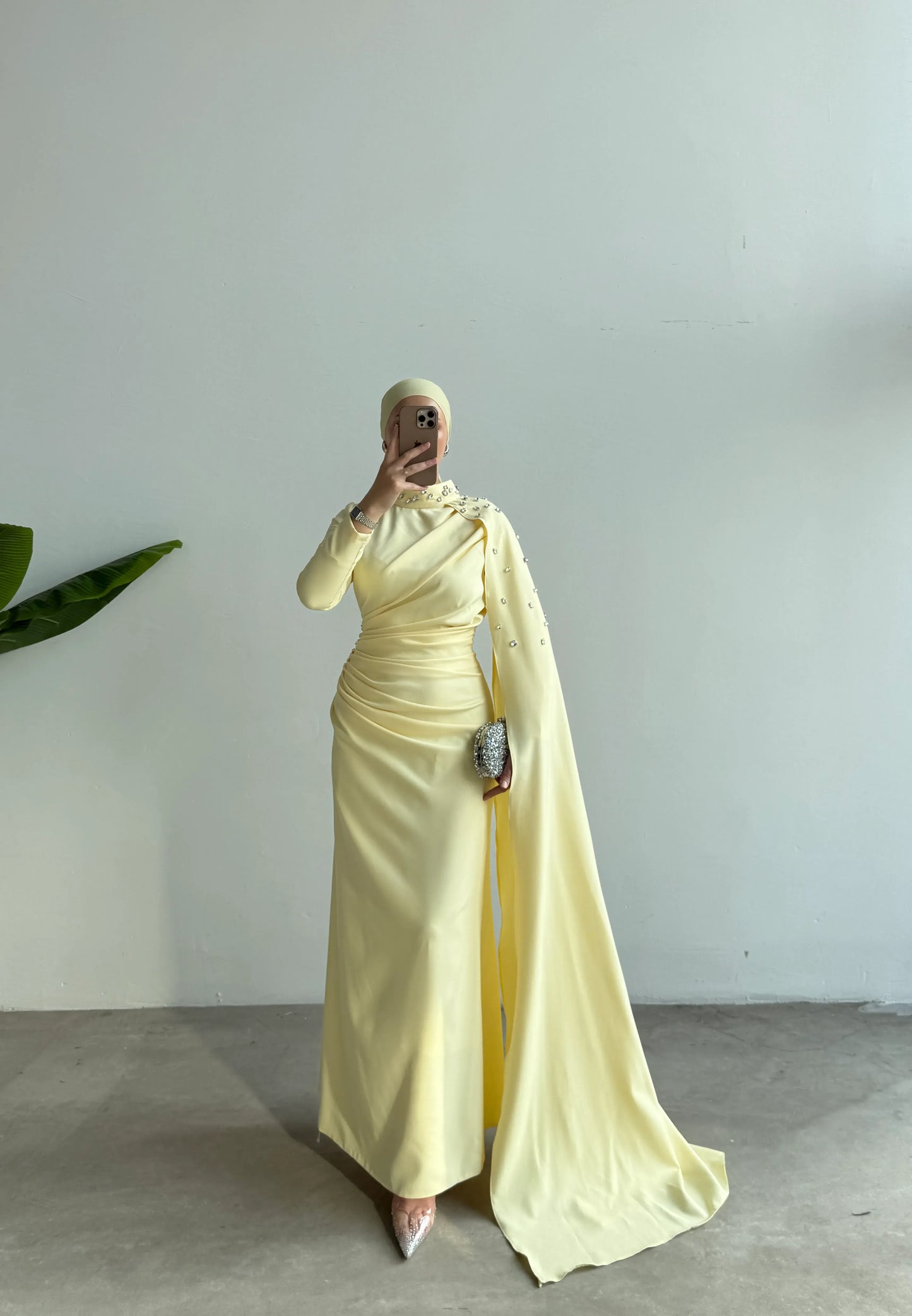 Cape Detail Embellished Butter Yellow Evening Dress