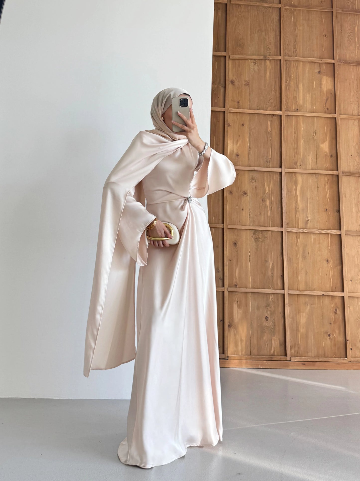 Brooch Detailed Silky Satin Beige Evening Dress