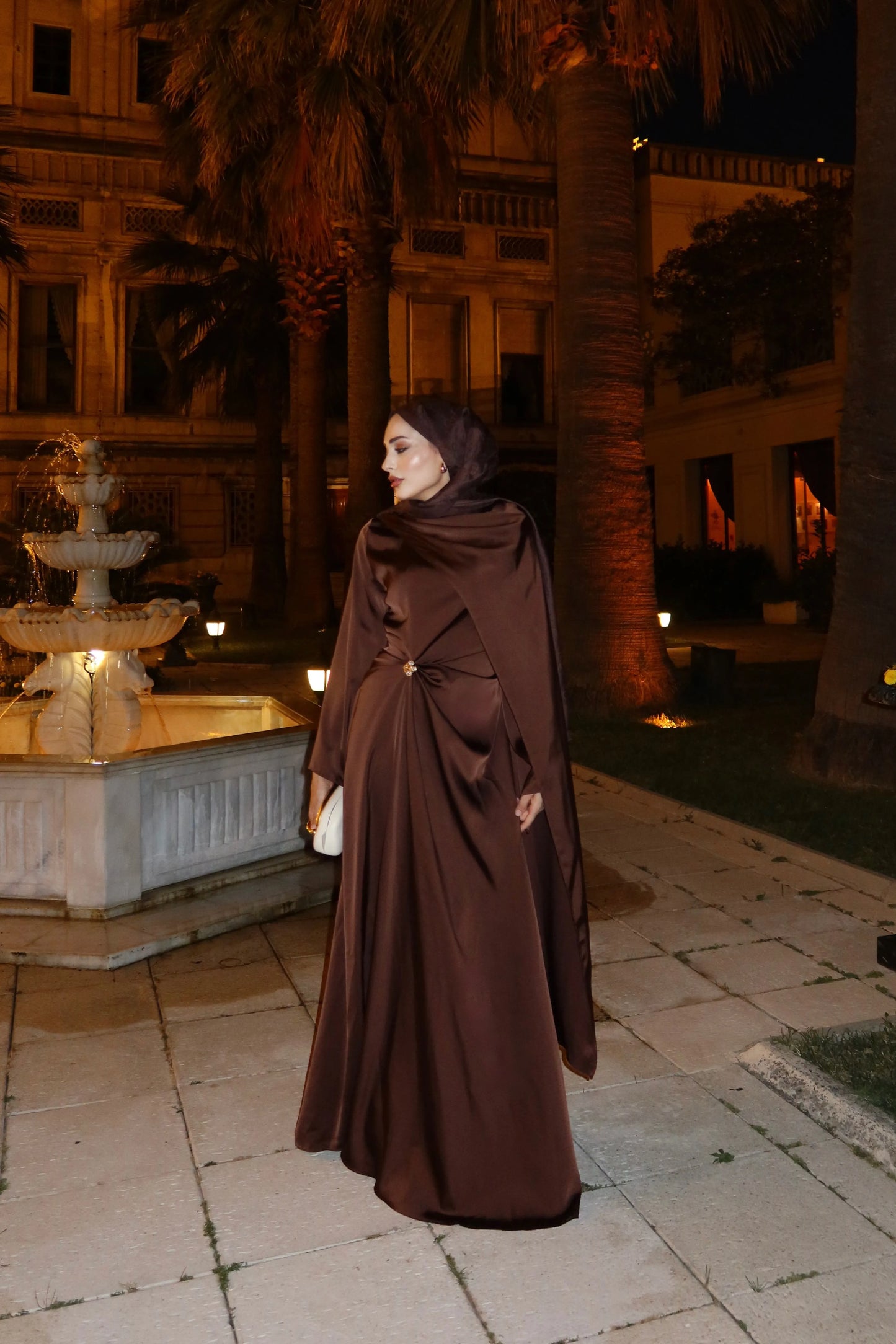 Brooch Detailed Silky Satin Coffee Evening Dress