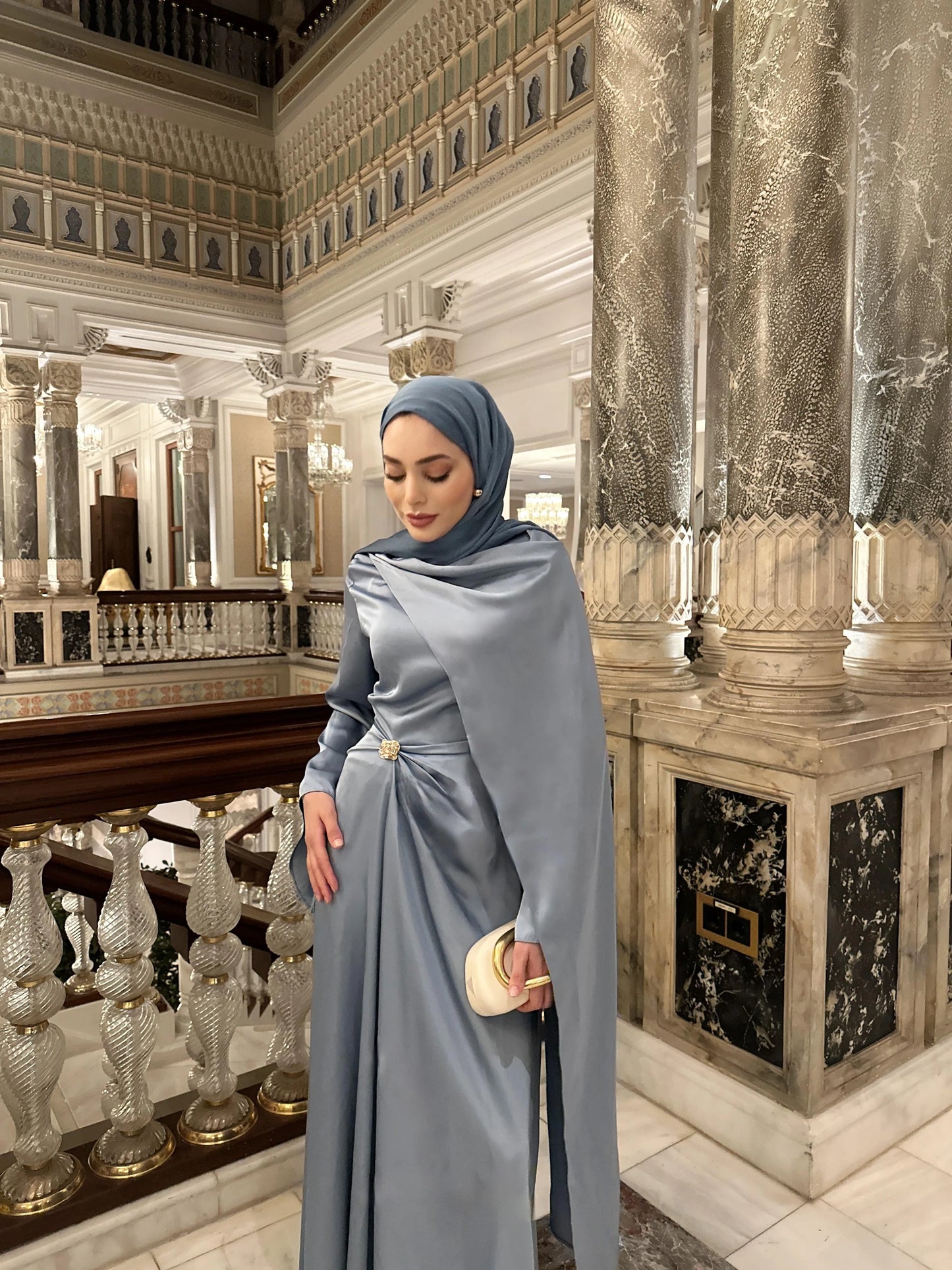 Brooch Detailed Silky Satin Baby Blue Evening Dress