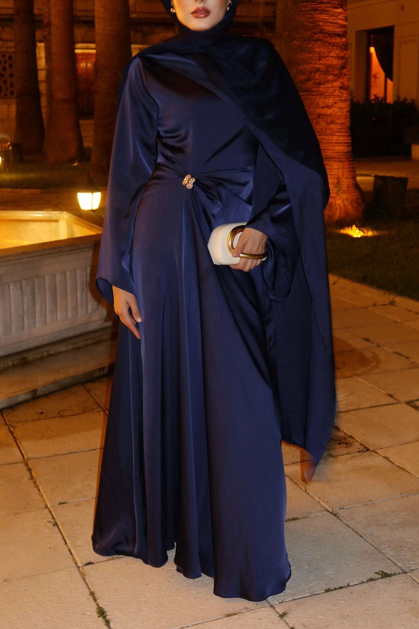 Brooch Detailed Silky Satin Navy Blue Evening Dress