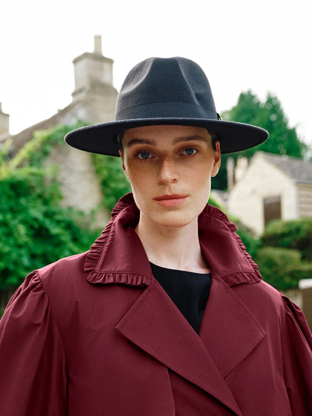 Burgundy Double-Breasted Women's Trench Coat
