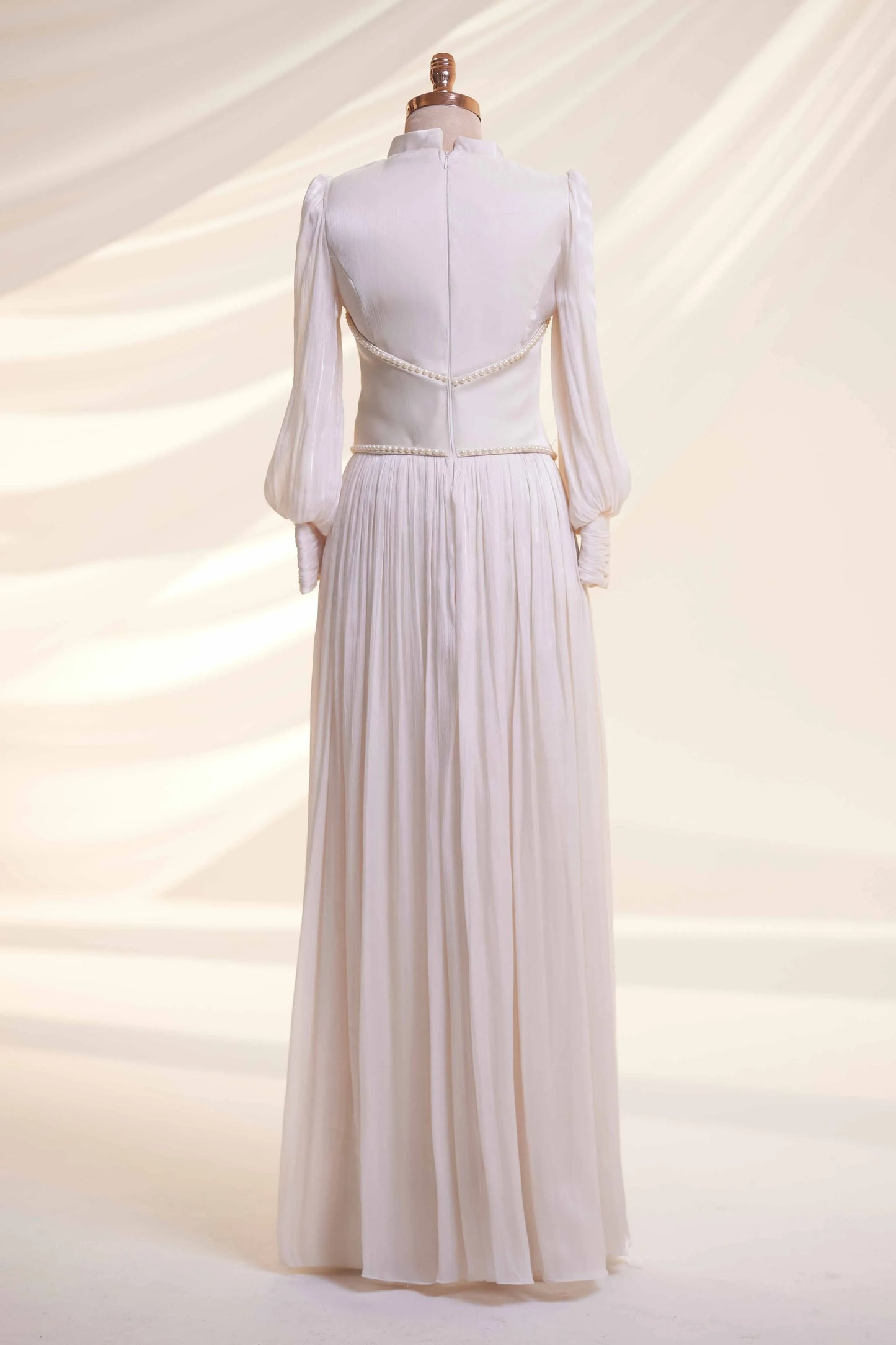 Powder Pink Organza Pearl Detail Modest Evening Dress