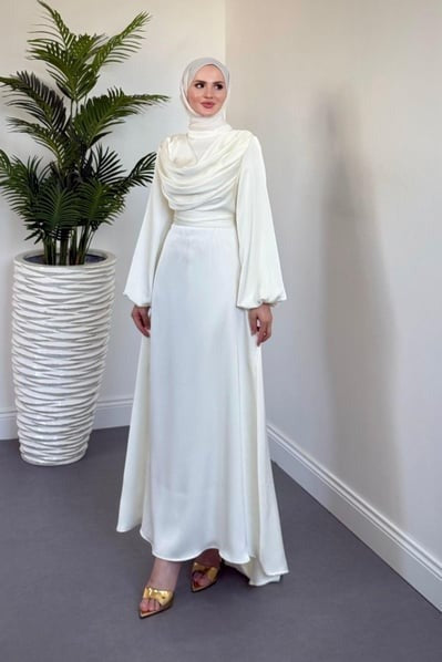 Silky Satin Cowl Neck Ecru Maxi Evening Dress