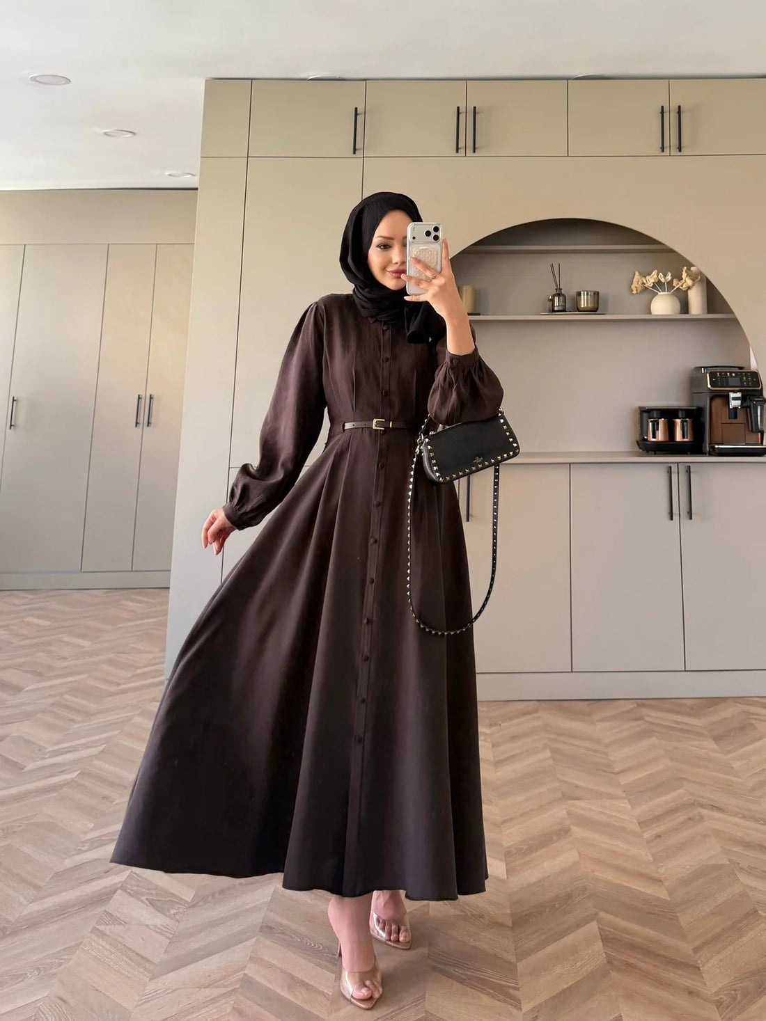 Pearl Belted Maxi Dress in Brown
