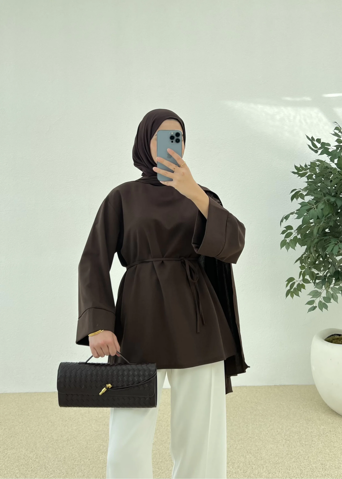 Chic Brown Tunic with Shawl Neckline