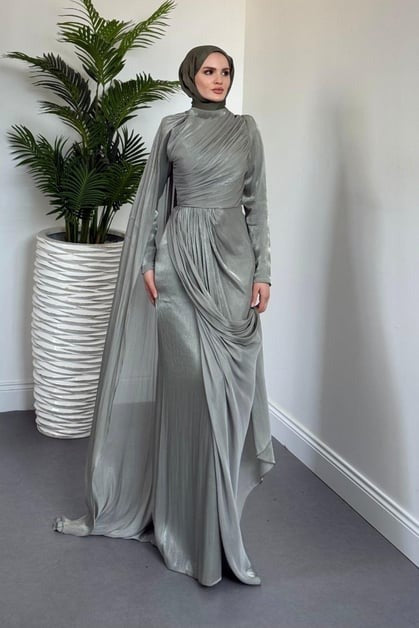 Sage Green One Shoulder Draped Evening Dress with Cape Detail