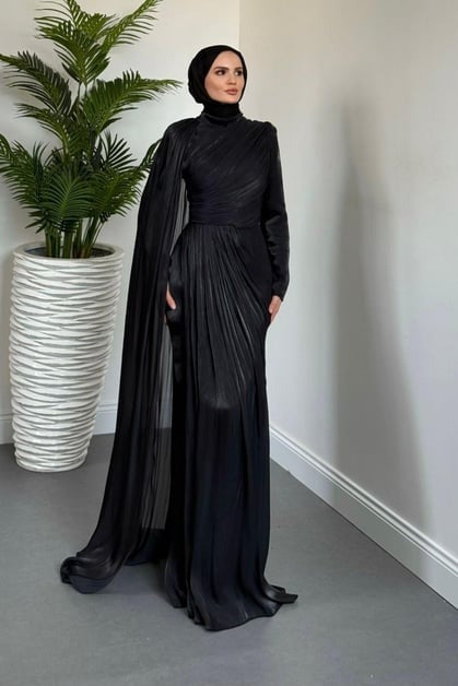 Black One Shoulder Draped Evening Dress with Cape Detail