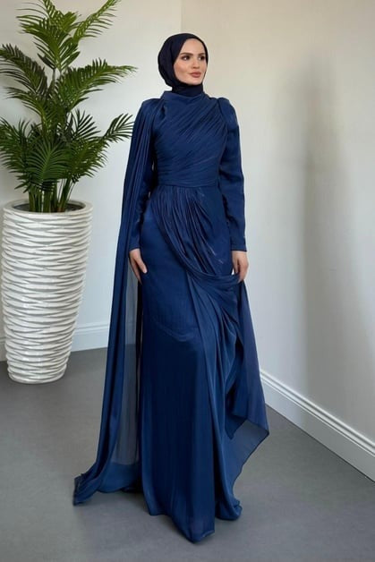 Navy Blue One Shoulder Draped Evening Dress with Cape Detail