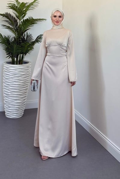Elegant Cream Satin Modest Evening Dress with Baguette Stone Waist Detail