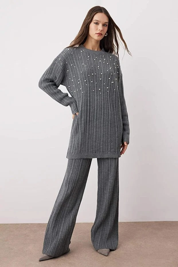Anthracite Pearl-Detail Ribbed Knit Modest Two-Piece Set