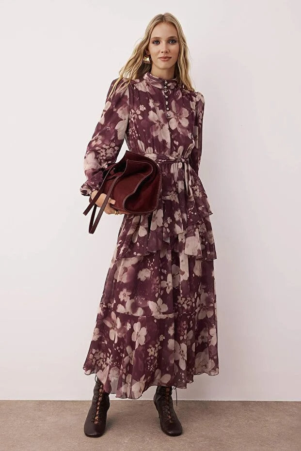 Mauve Floral Shiny Button-Detail Woven Chiffon Dress