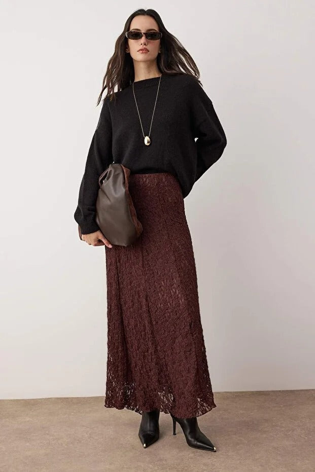 Brown Lined Lace Fabric Maxi Skirt