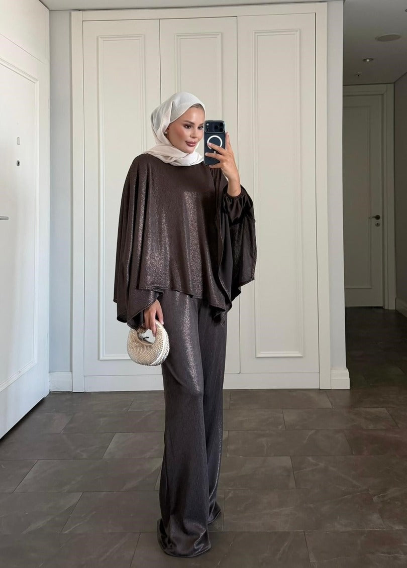 Diamond Brown Shimmer Asymmetric Trousers Set |Brown