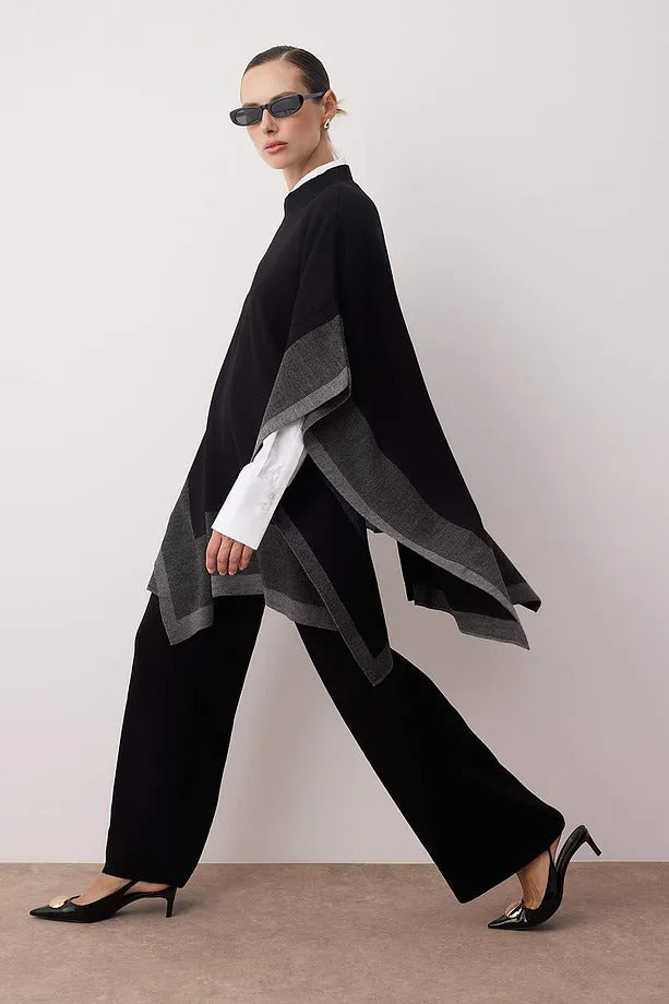 Black Color-Block Knit Poncho & Pants Two-Piece Set