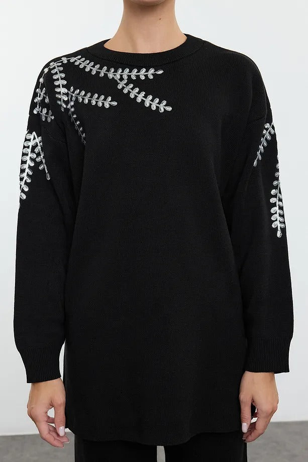 Black Sequin-Embellished Knit Two-Piece Set