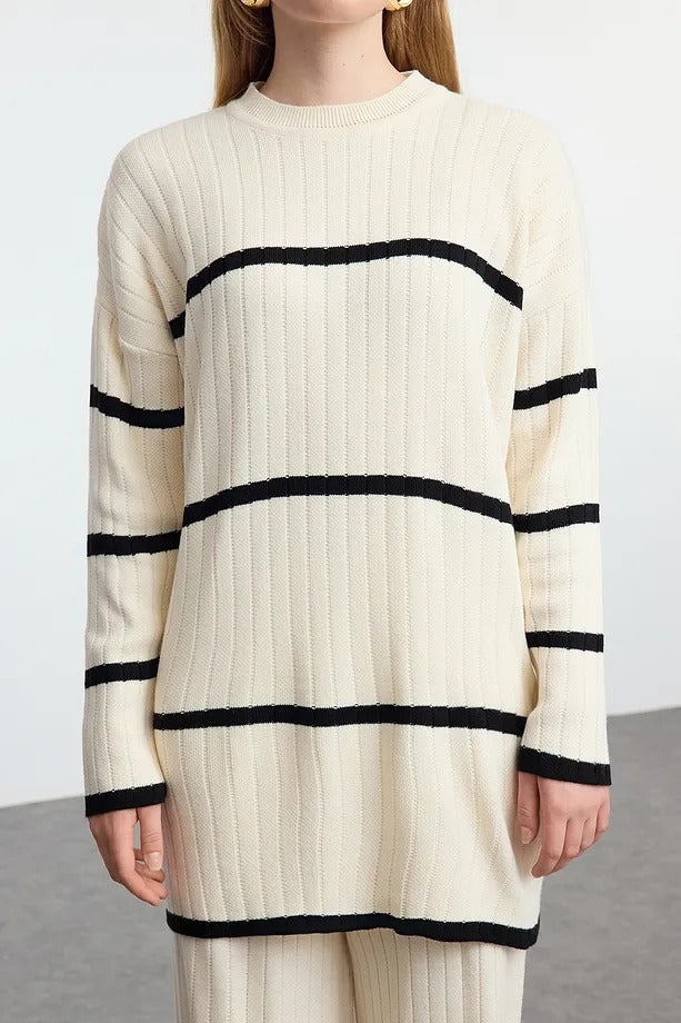 Cream Striped Ribbed Knit Two-Piece Set