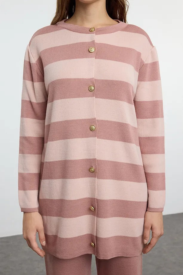 Rose Dust Striped Knit Cardigan & Pants Two-Piece Set