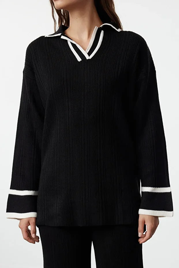 Black Piped Knit Sweater & Pants Set