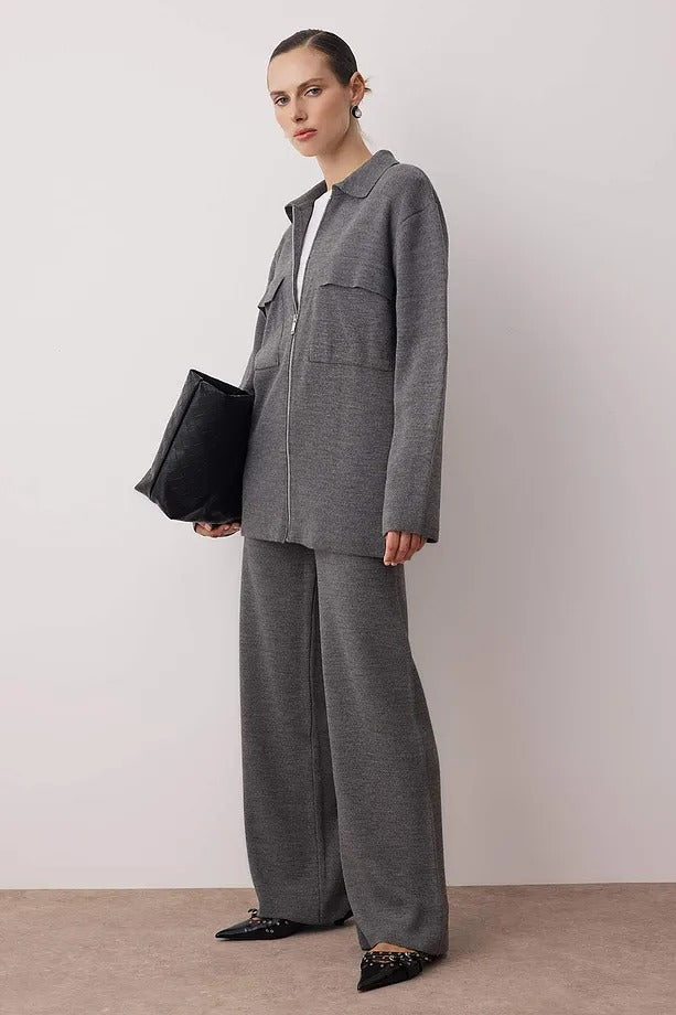 Anthracite Zip-Detail Knit Top & Pants Two-Piece Set with Pockets