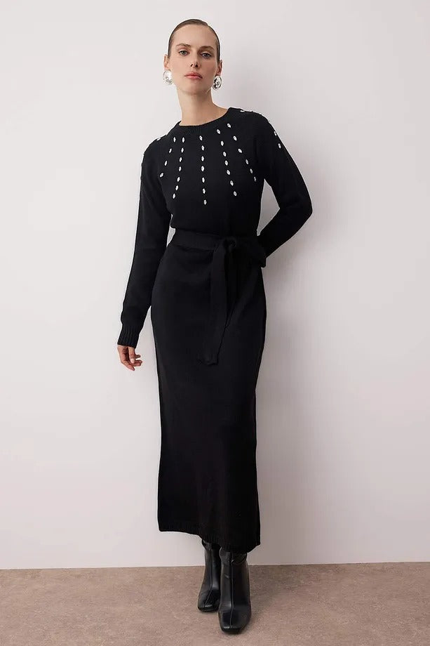 Black Stone-Detail Knit Dress