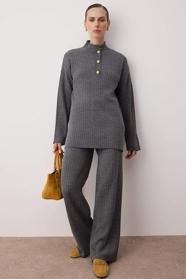 Anthracite Gold-Button Knit Top & Pants Two-Piece Set