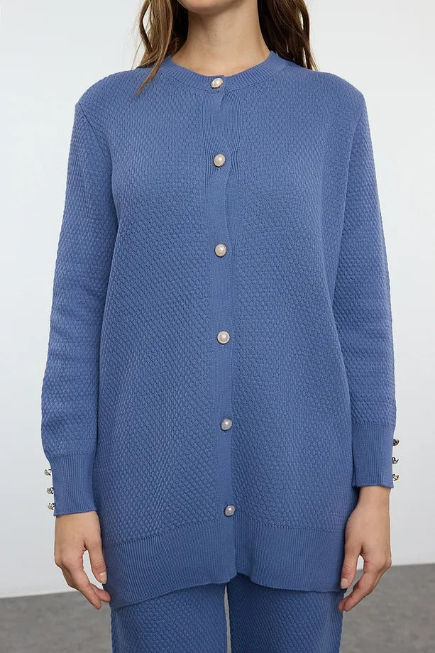 Indigo Pearl-Button Knit Two-Piece Set