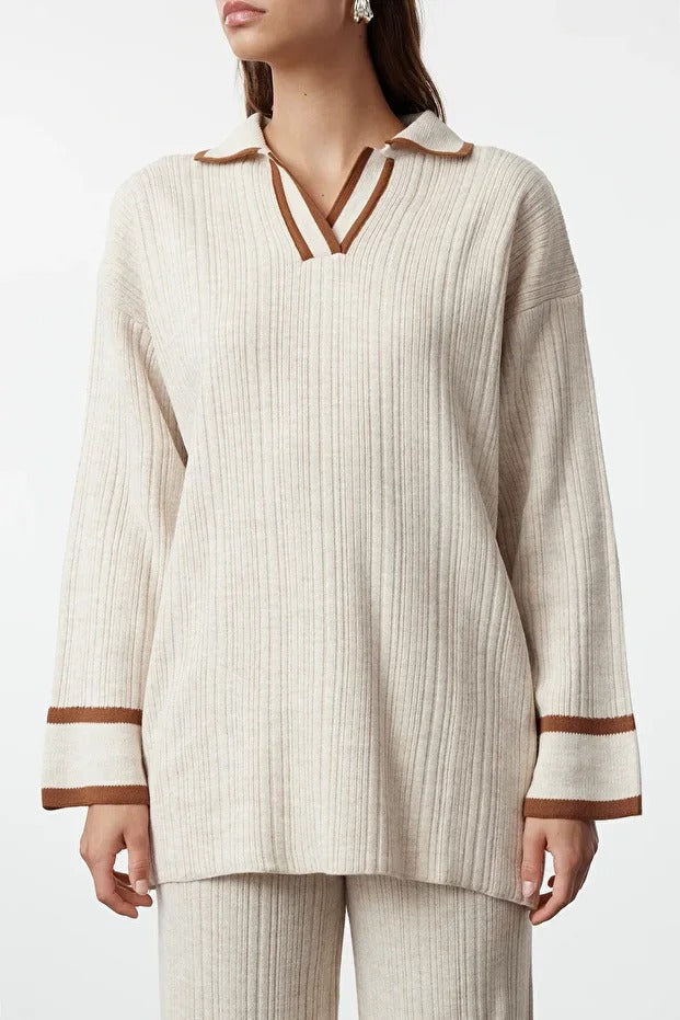 Stone Brown Piped Knit Sweater & Pants Set