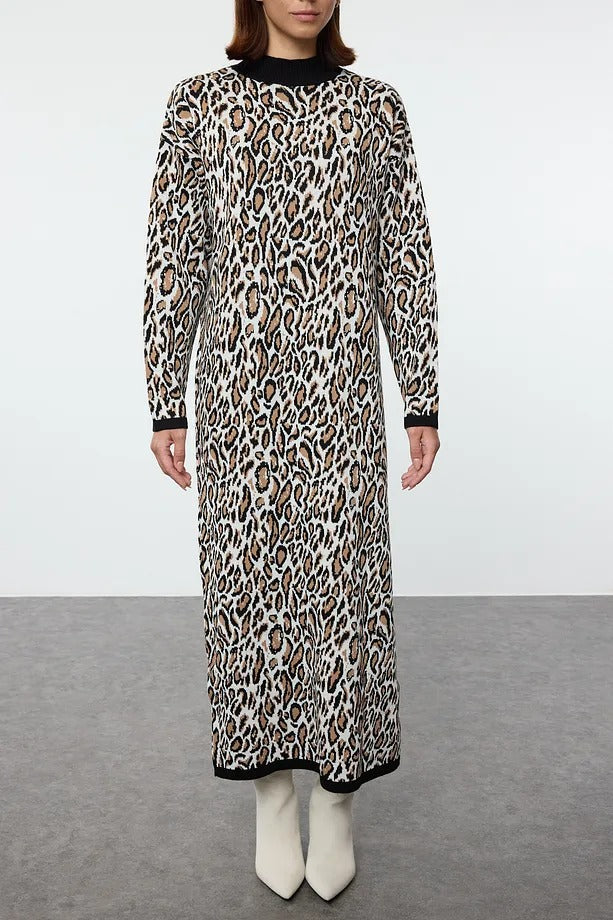 Black Leopard Print Knit Dress