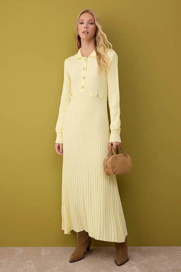 Yellow Ribbed Knit Modest Dress
