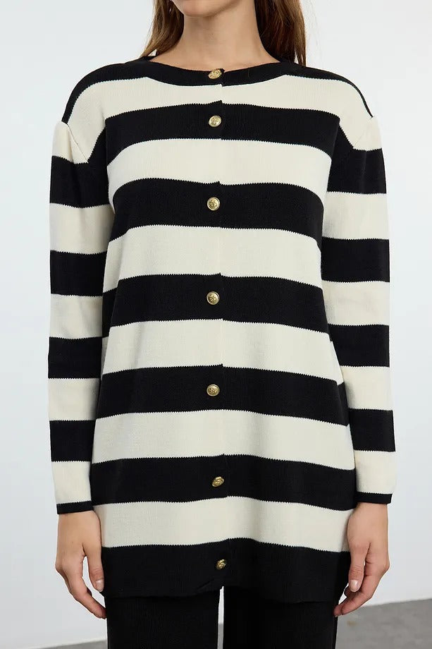 Black Striped Knit Cardigan & Pants Two-Piece Set