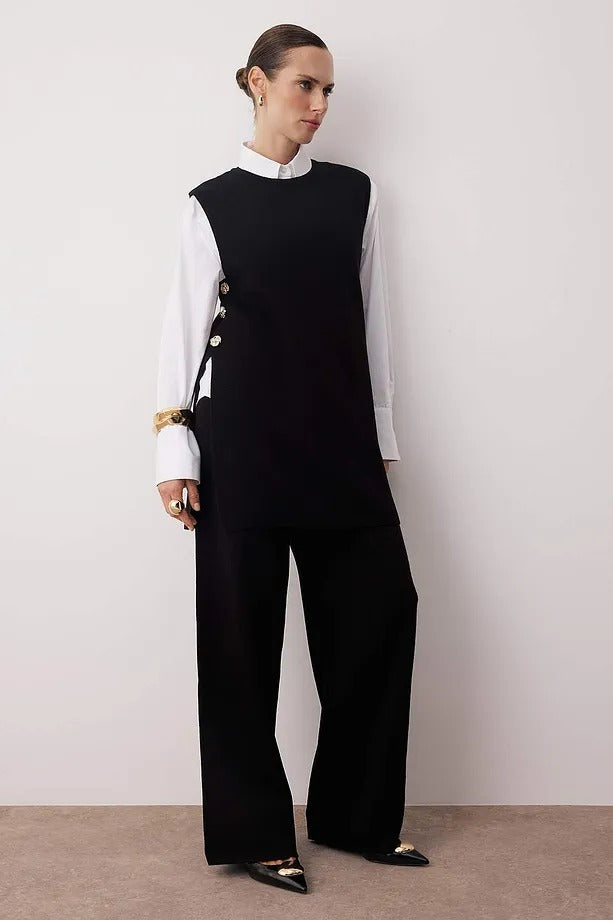 Black Button-Detail Knit Modest Vest Set