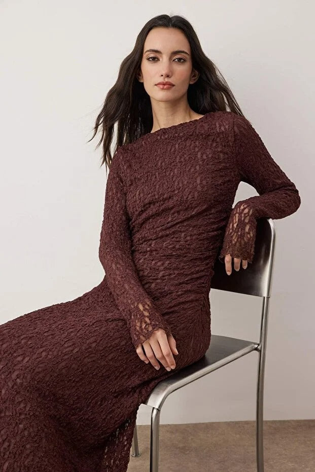 Brown Lined Lace Knit Evening Dress