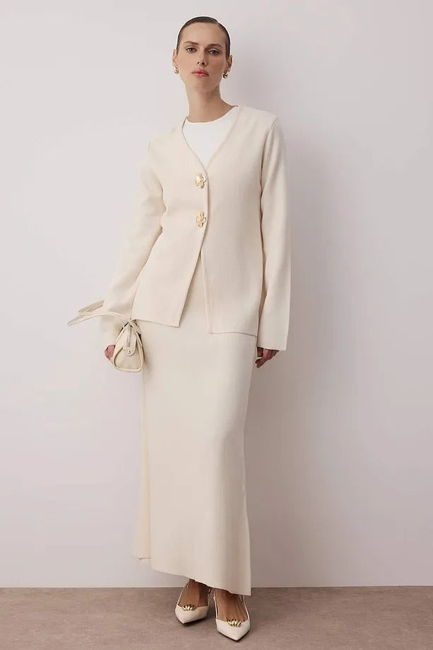 Ivory Gold-Button Knit Skirt Set