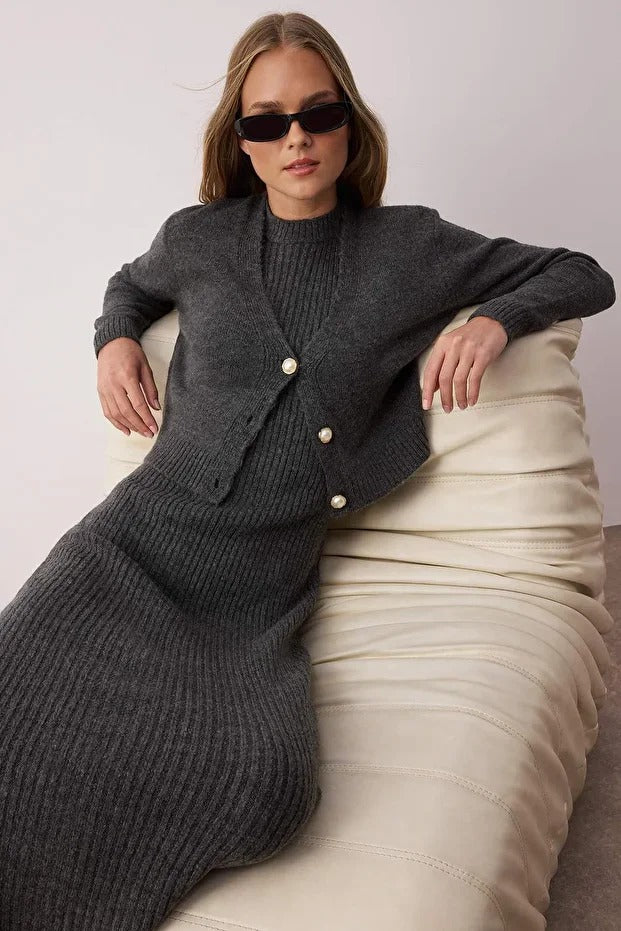 Anthracite Ribbed Soft-Knit Dress & Cardigan Set