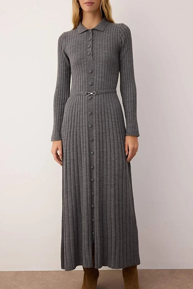 Anthracite Metal Buckle Detail Ribbed Knit Modest Dress