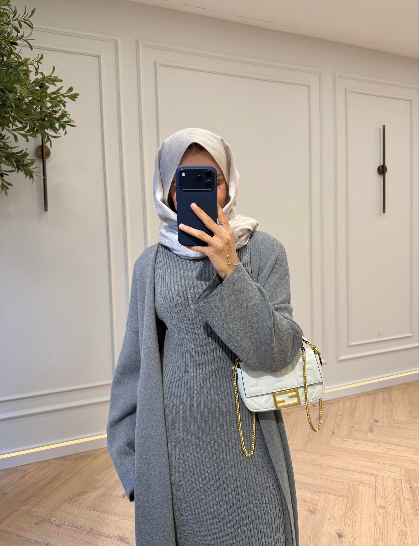 Gray Knit Kimono Set with Inner Dress