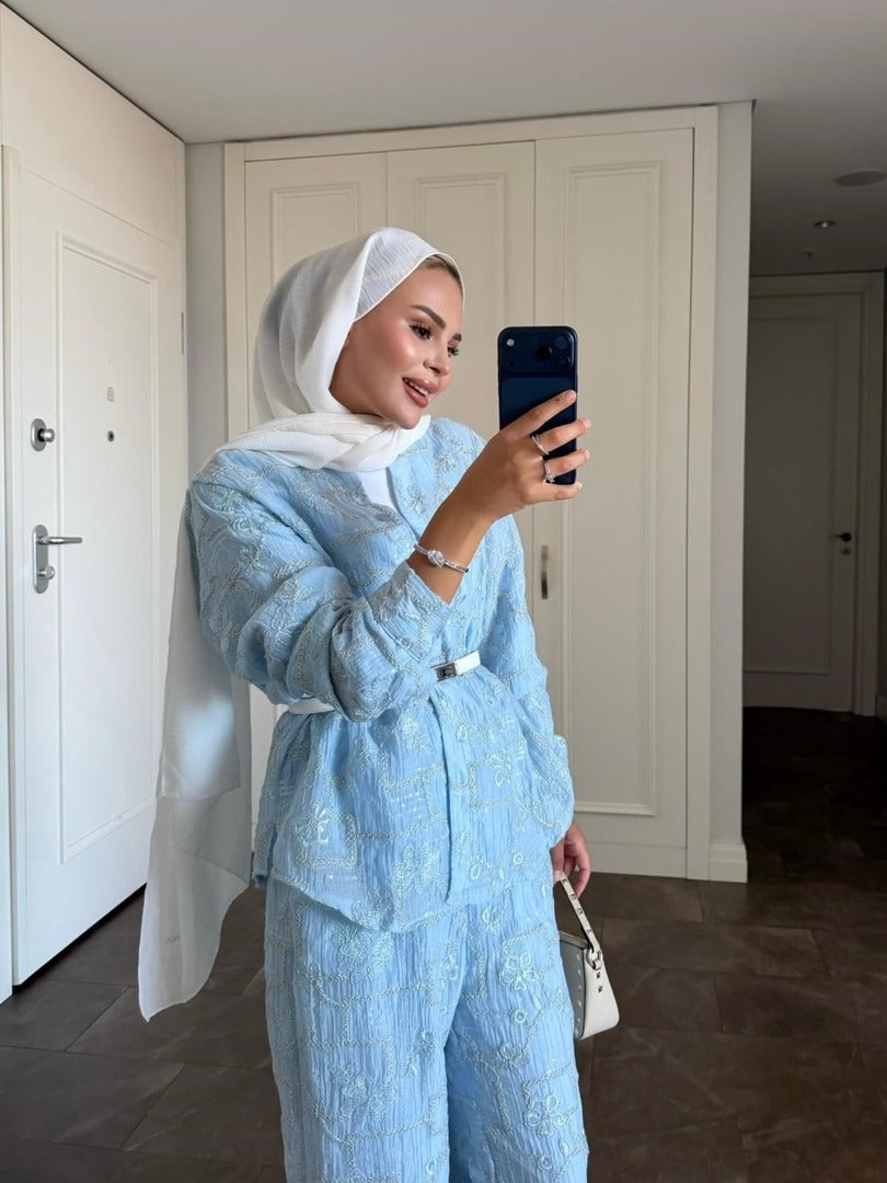 Lilly Modest Trousers Matching Set | Premium Tunic Co-Ord Suit - Blue
