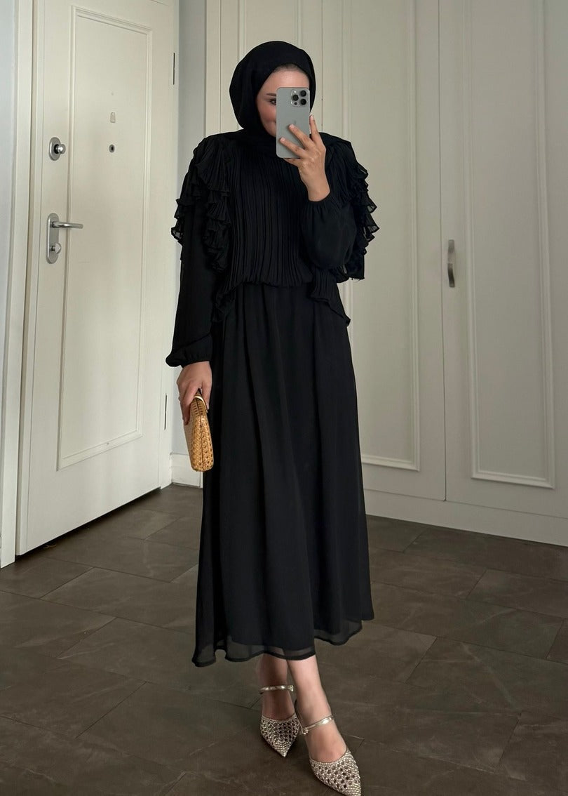 Black Pleated Ruffle-Detail Chiffon Blouse & Midi Skirt Co-ord Set -PRE ORDER