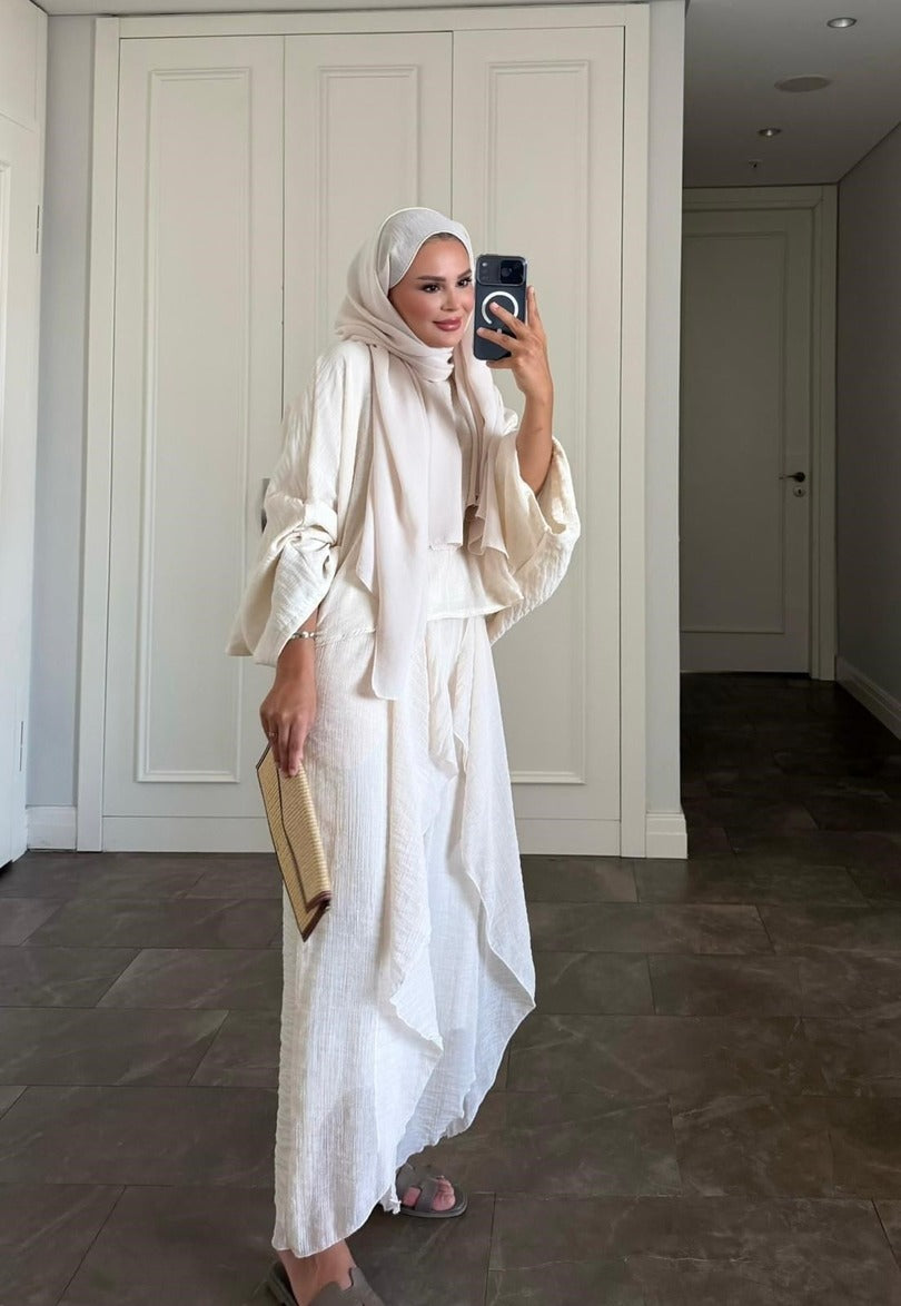 Suzy Bej Tesettür Pantolon Takım - Astarlı Yarasa Kol İki Parça Kıyafet