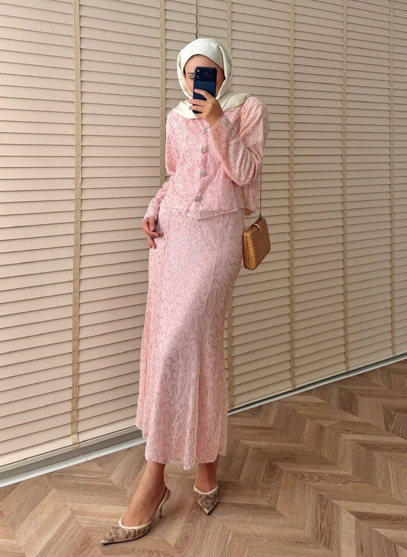 Lace Shimmer Skirt Set – Pink